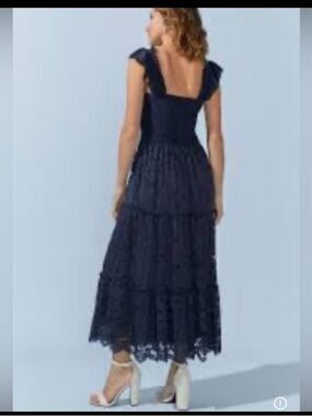 NWT Francesca's Audrey Parks Navy Lace Midi Dress Smocked Ruffle Wedding Guest M